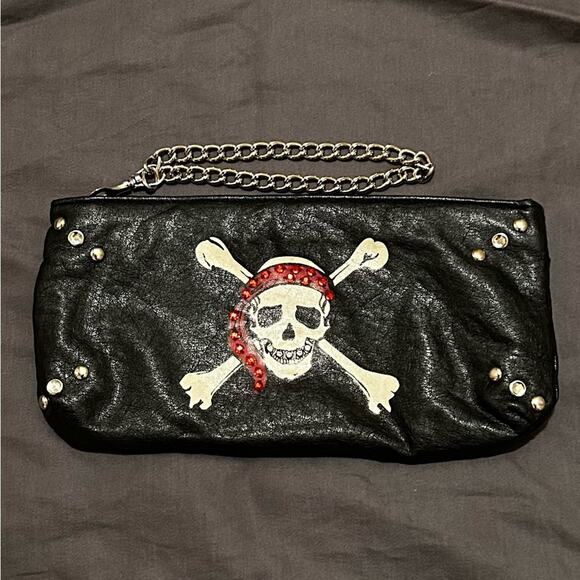 Fashion Express Handbags - Fashion Express Studded Skull Pirate Wristlet Clutch with Silver Link Chain
